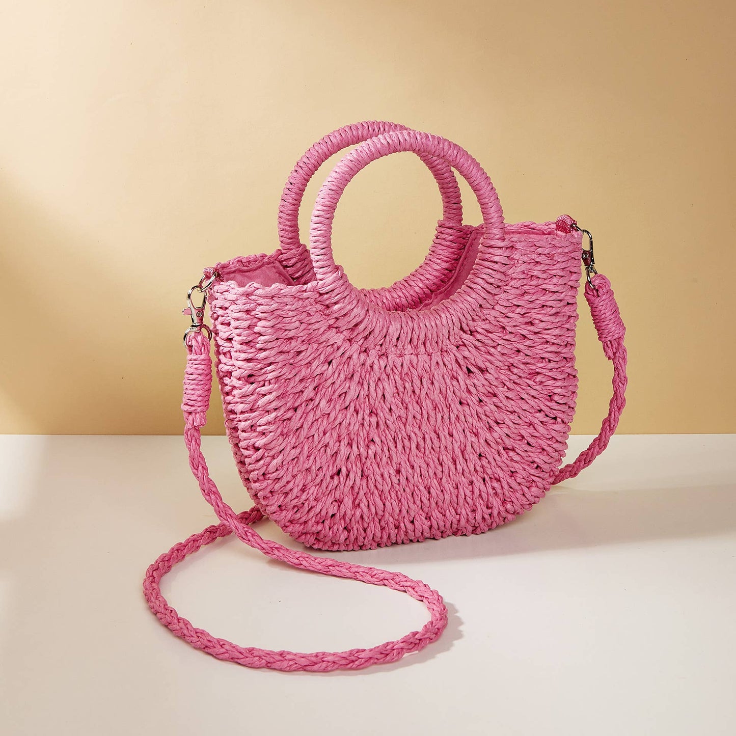 Half-moon shape handbag straw woven beach summer handbag: Pink