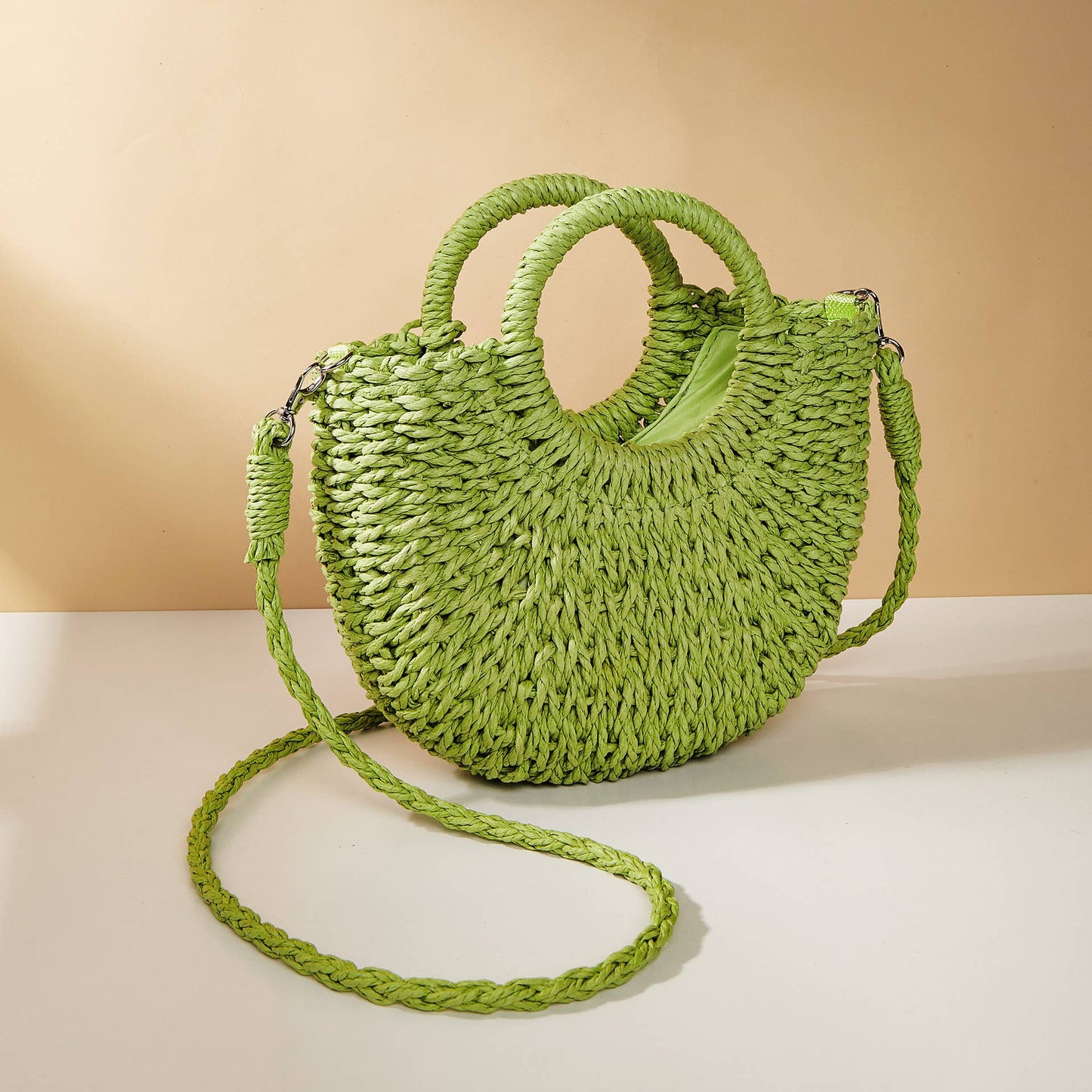 Half-moon shape handbag straw woven beach summer handbag: Camel