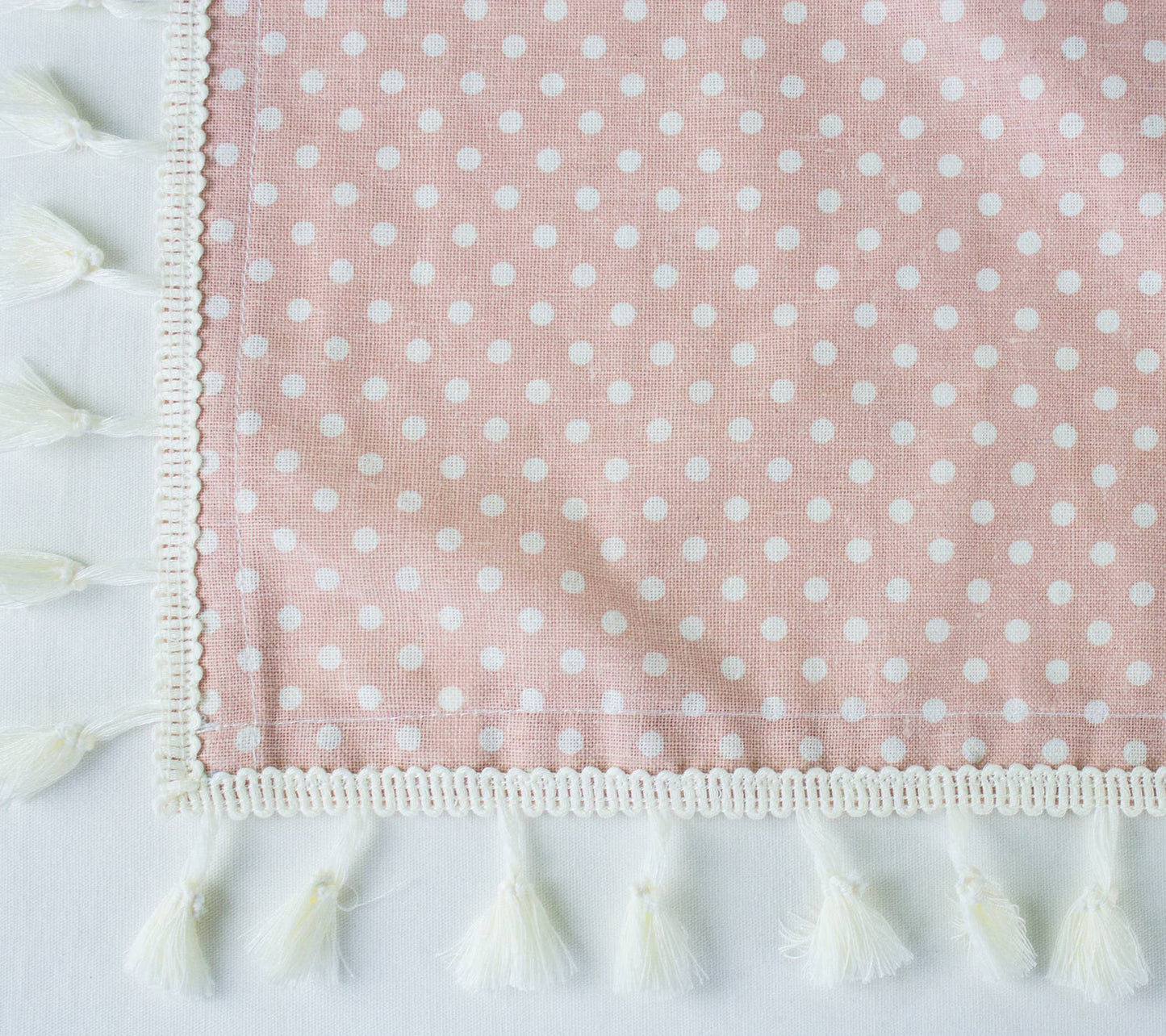 White Polka Dots Tasseled Pink Cotton Blend Tablecloth: 55x55