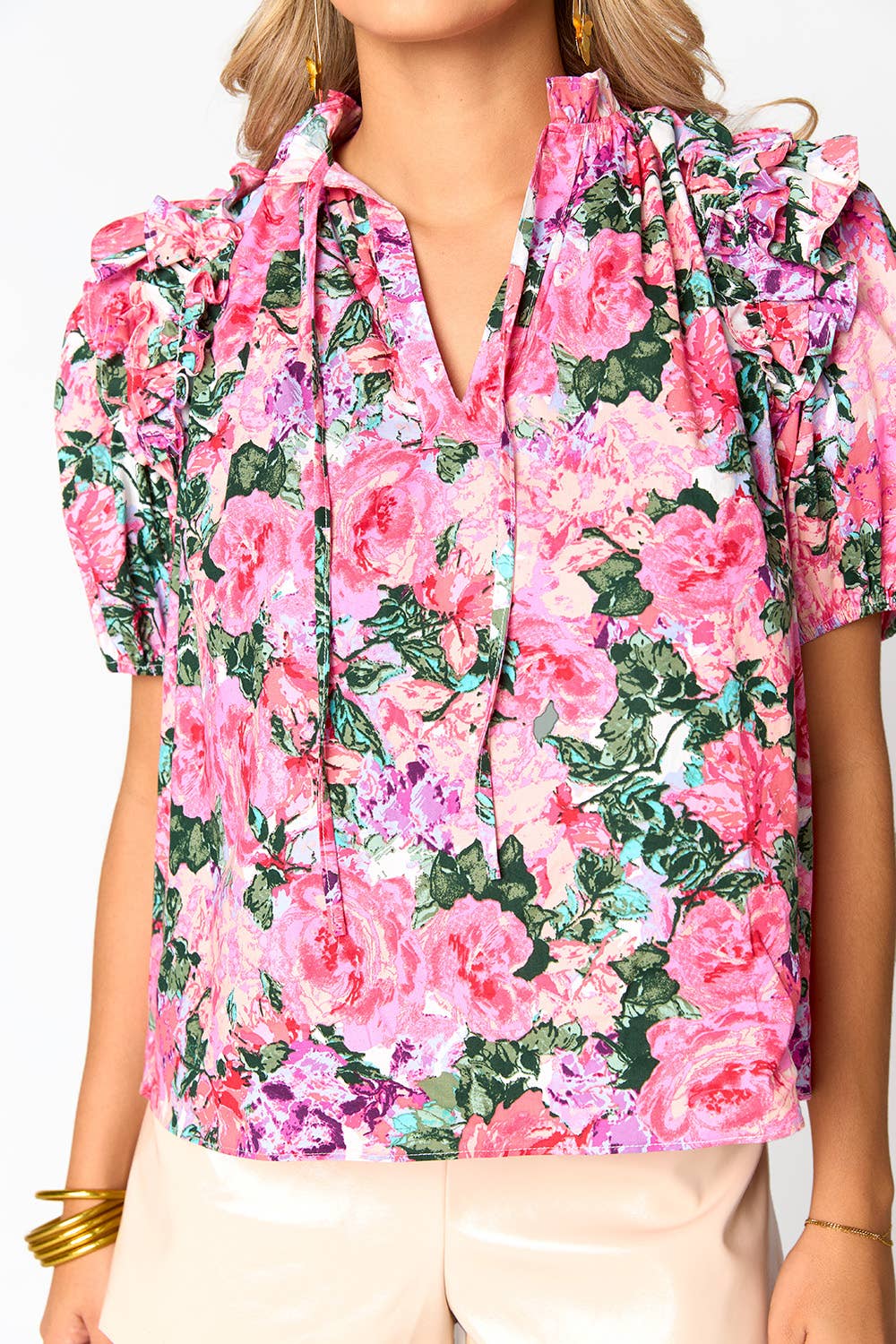 Essie Royalty Floral Ruffle Puff Sleeve Top: Pink