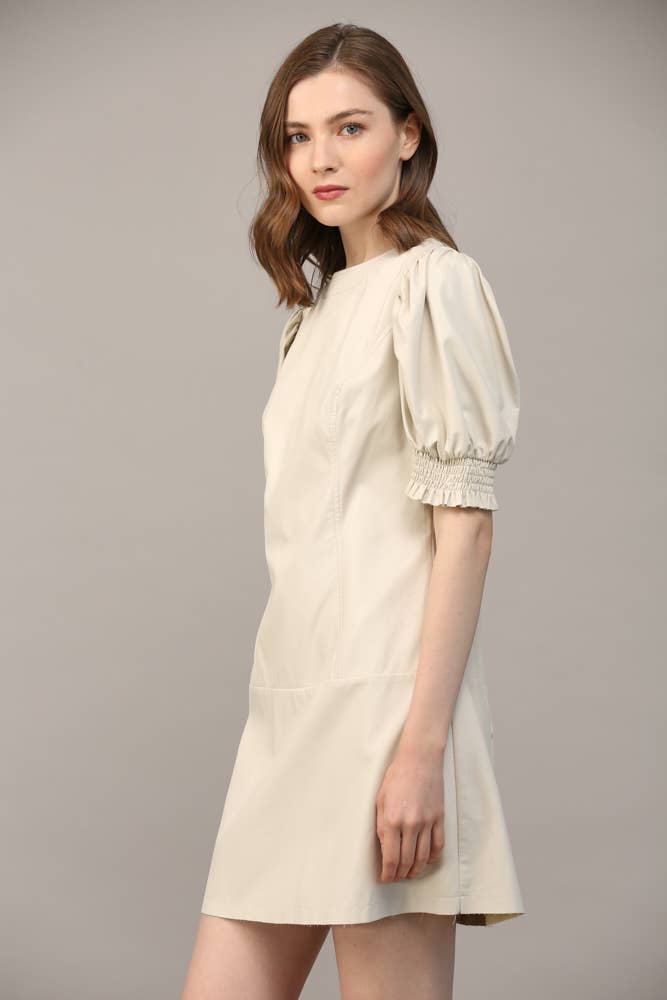 SHORT PUFF SLEEVE FAUX LEATHER DRESS