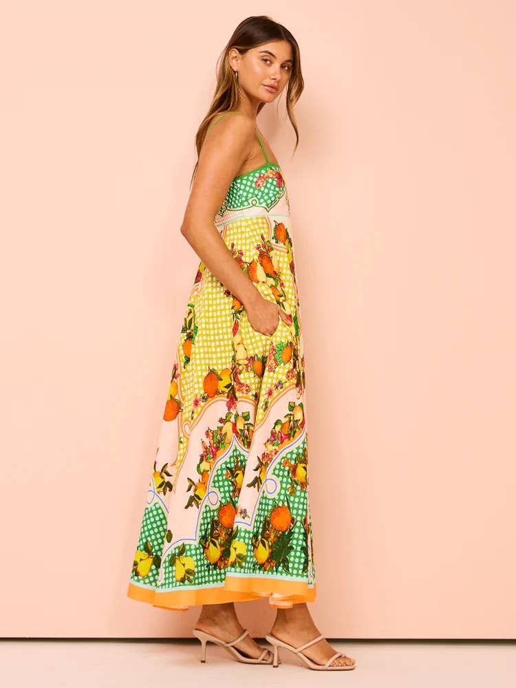 Suspender maxi dress graffiti print swing dress beach dress