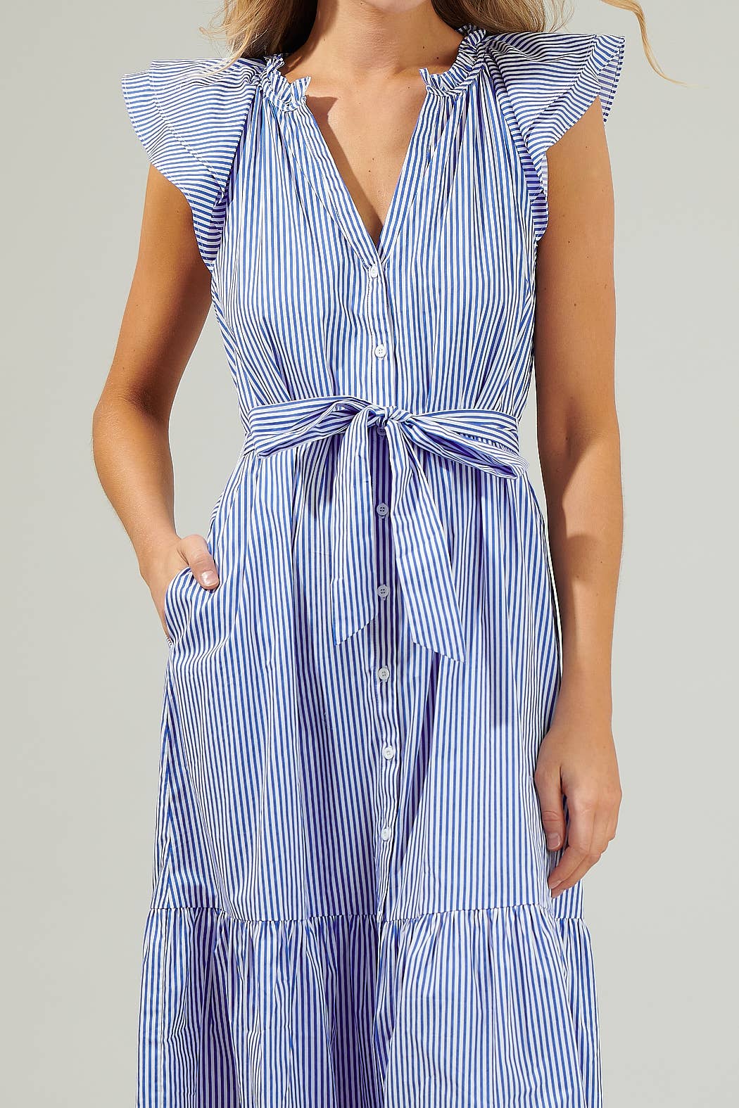 *PREORDER*Dynamite Stripped Button Midi Dress: Blue & White