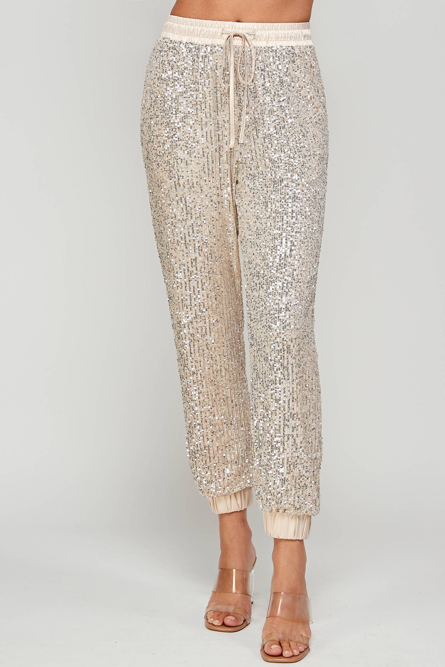 SEQUIN JOGGERS: Champagne