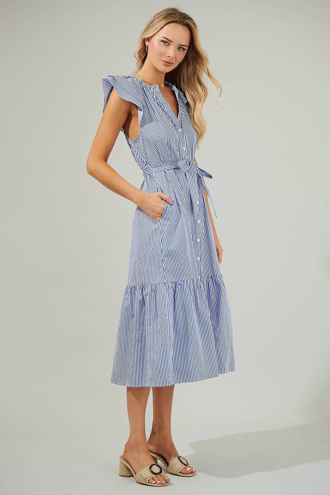 *PREORDER*Dynamite Stripped Button Midi Dress: Blue & White