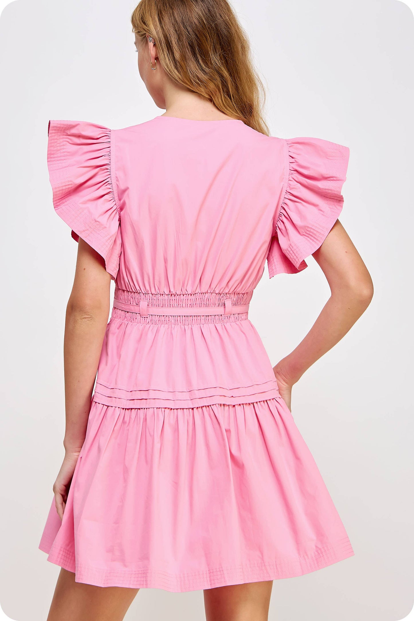 Flutter Sleeve Poplin Mini Dress: Pink