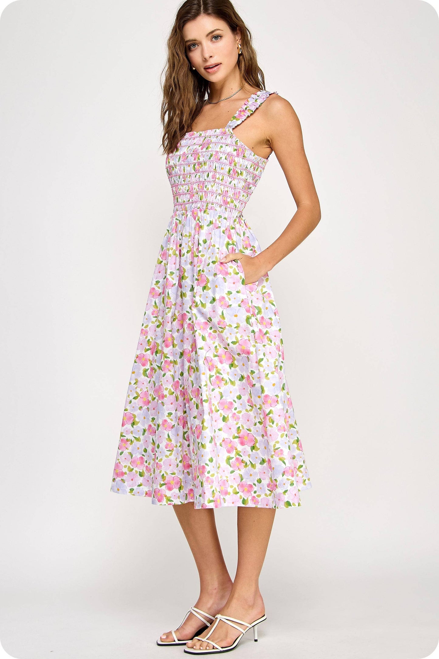 Floral Print Contrast Smocking Midi Dress: Pink Multi