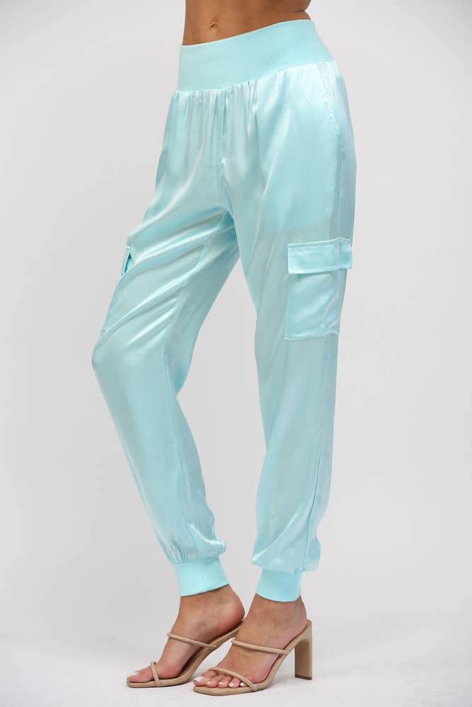 SATIN CARGO JOGGER PANTS, AQUA