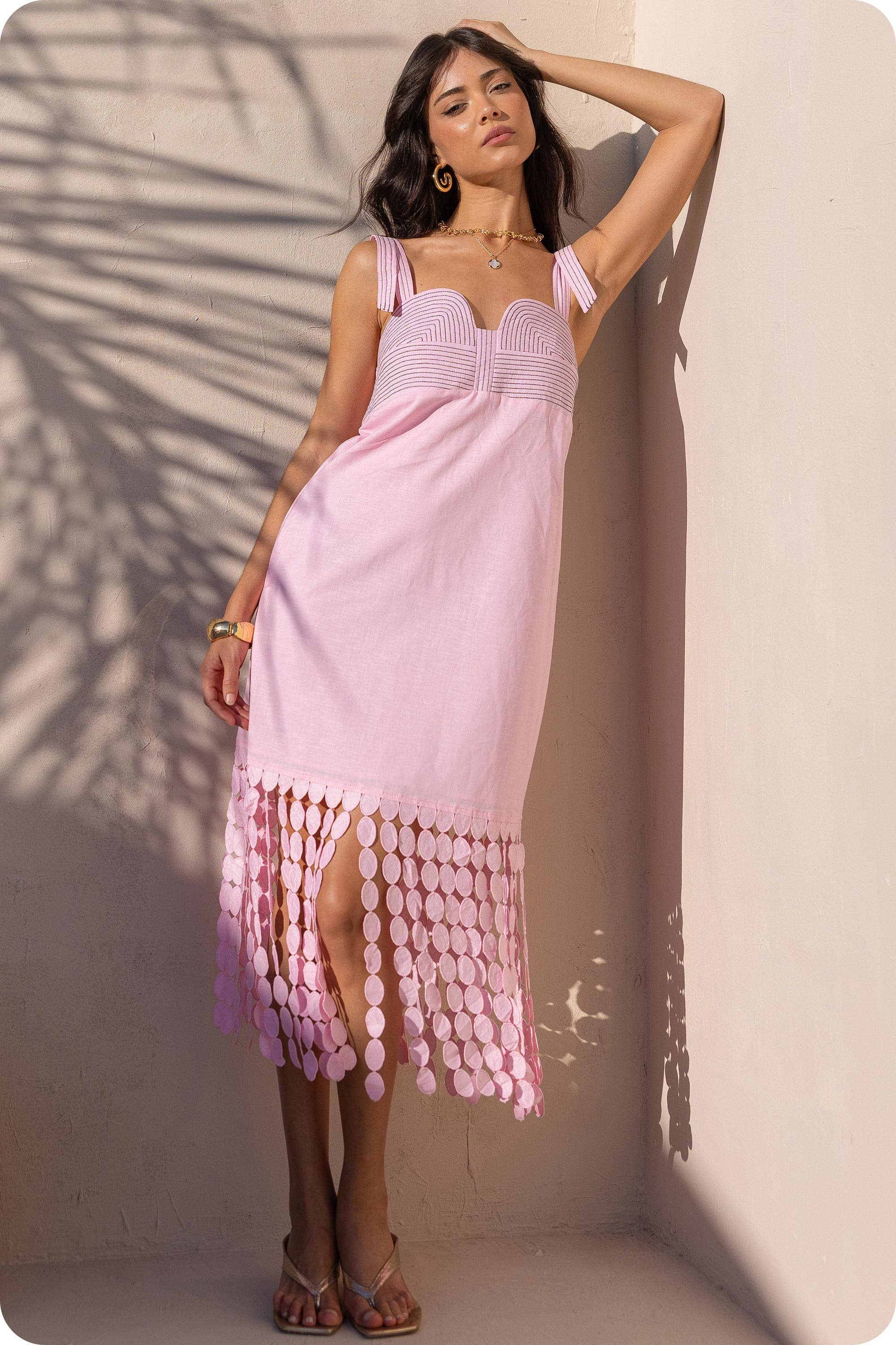 Dotted Lace Fringe Linen Midi Dress: Pink Lilac Dotted Lace Fringe Linen Midi Dress: Pink Lilac