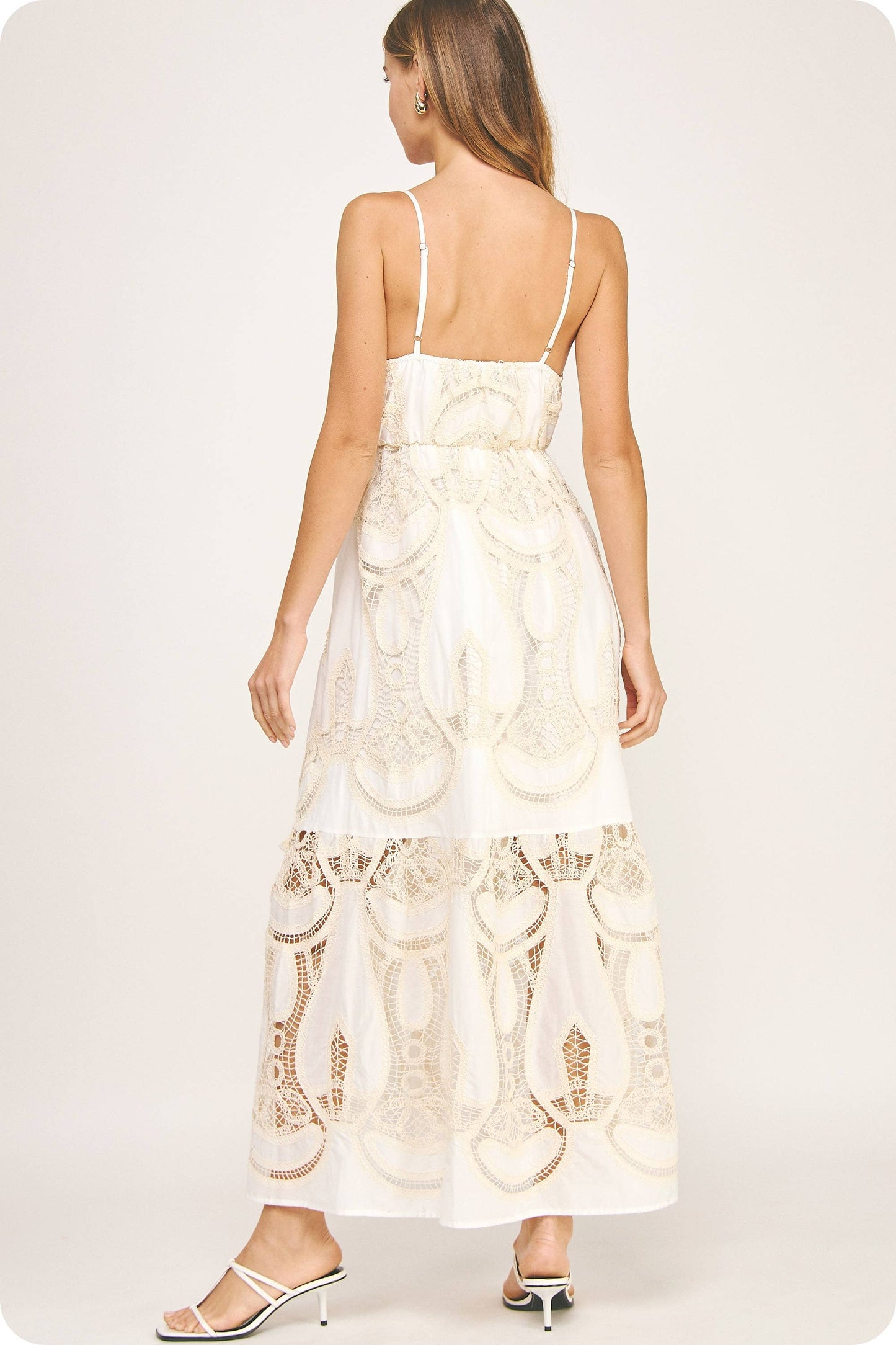 Crochet Lace Maxi Dress: White/beige