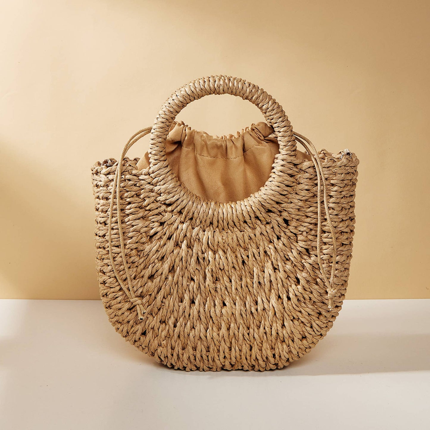 Half-moon shape handbag straw woven beach summer handbag: Camel