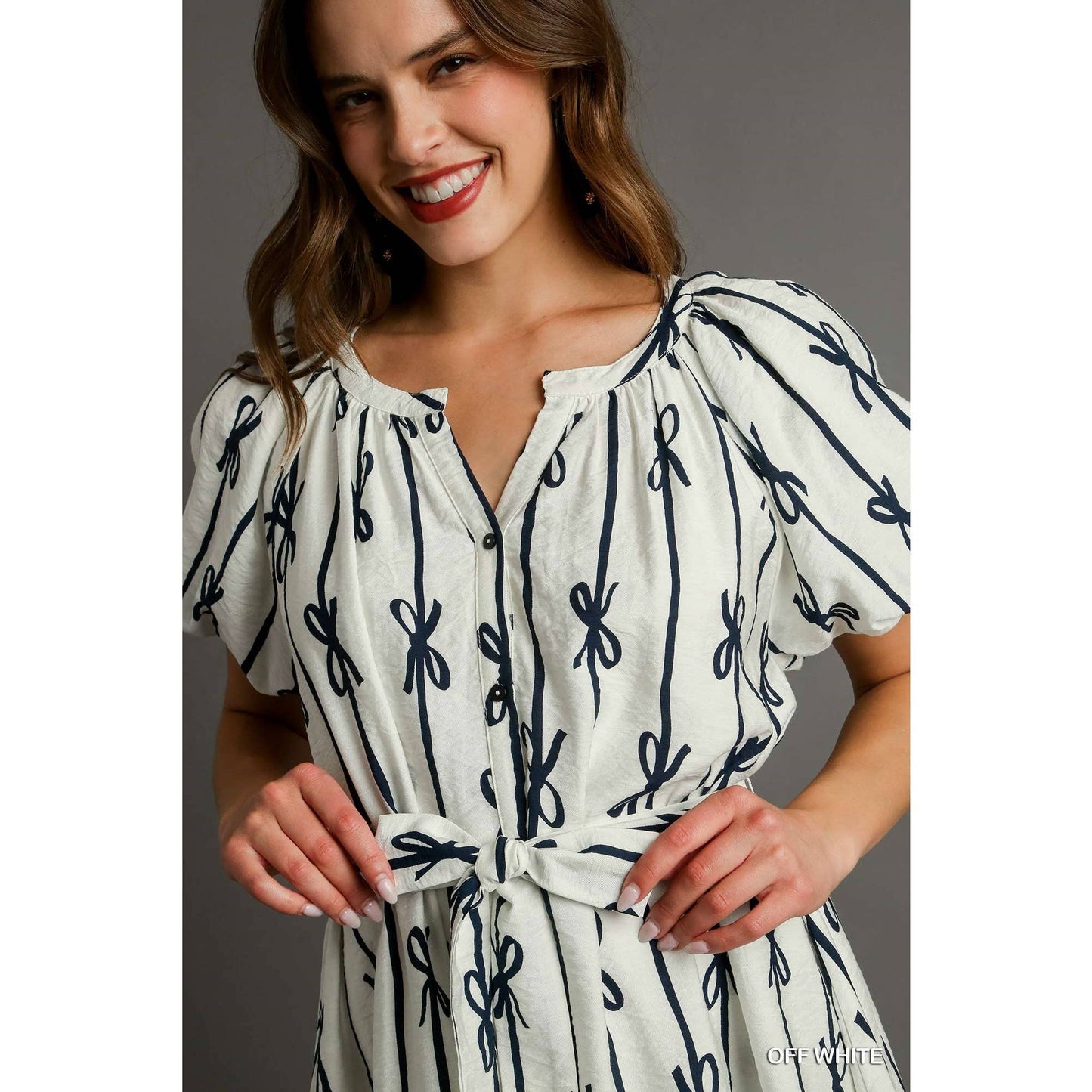 Bow Print Dress, White & Navy