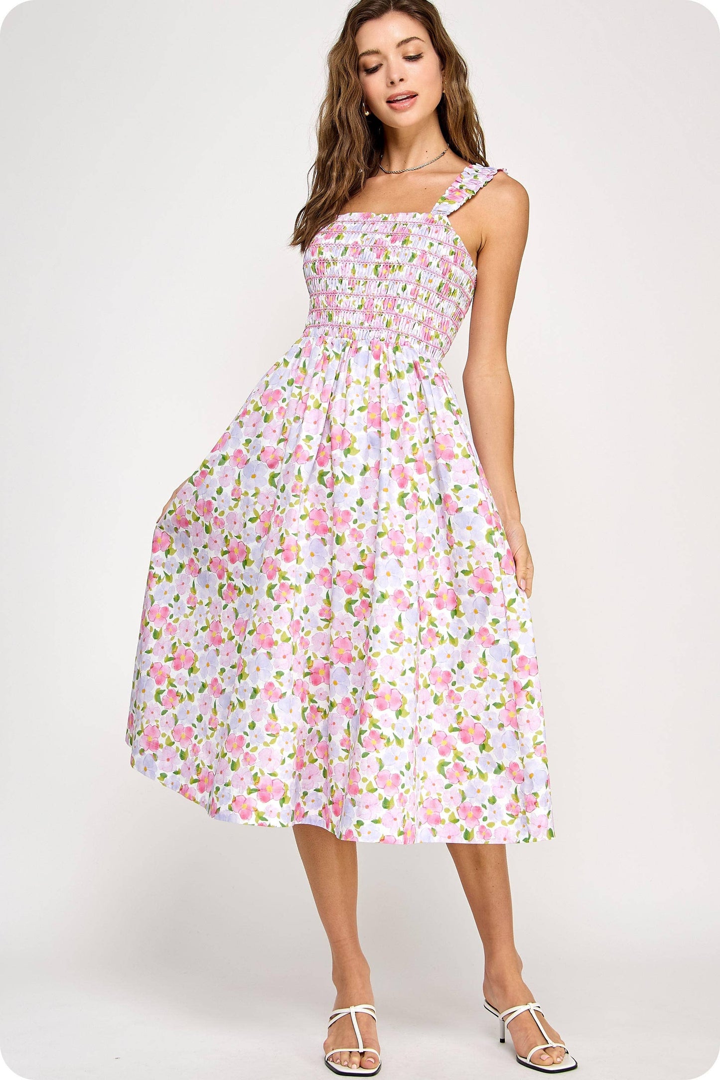 Floral Print Contrast Smocking Midi Dress: Pink Multi