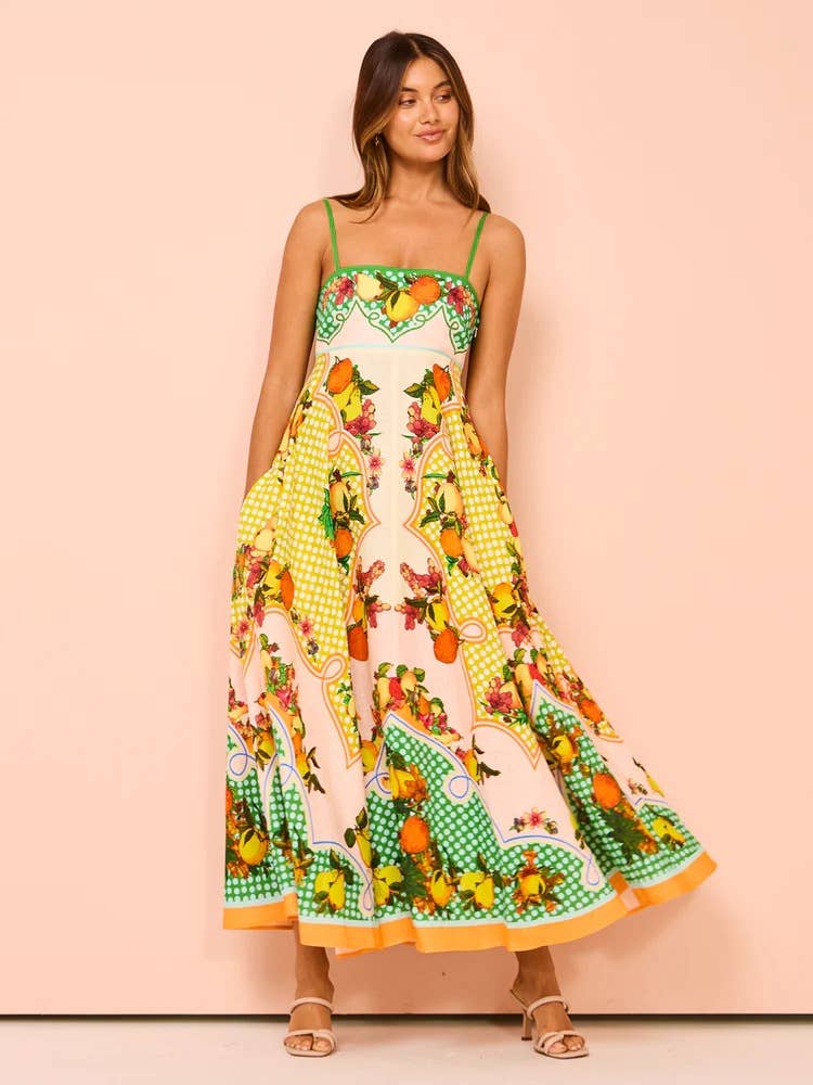 Suspender maxi dress graffiti print swing dress beach dress