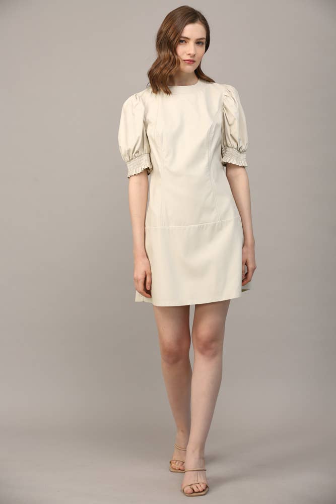 SHORT PUFF SLEEVE FAUX LEATHER DRESS