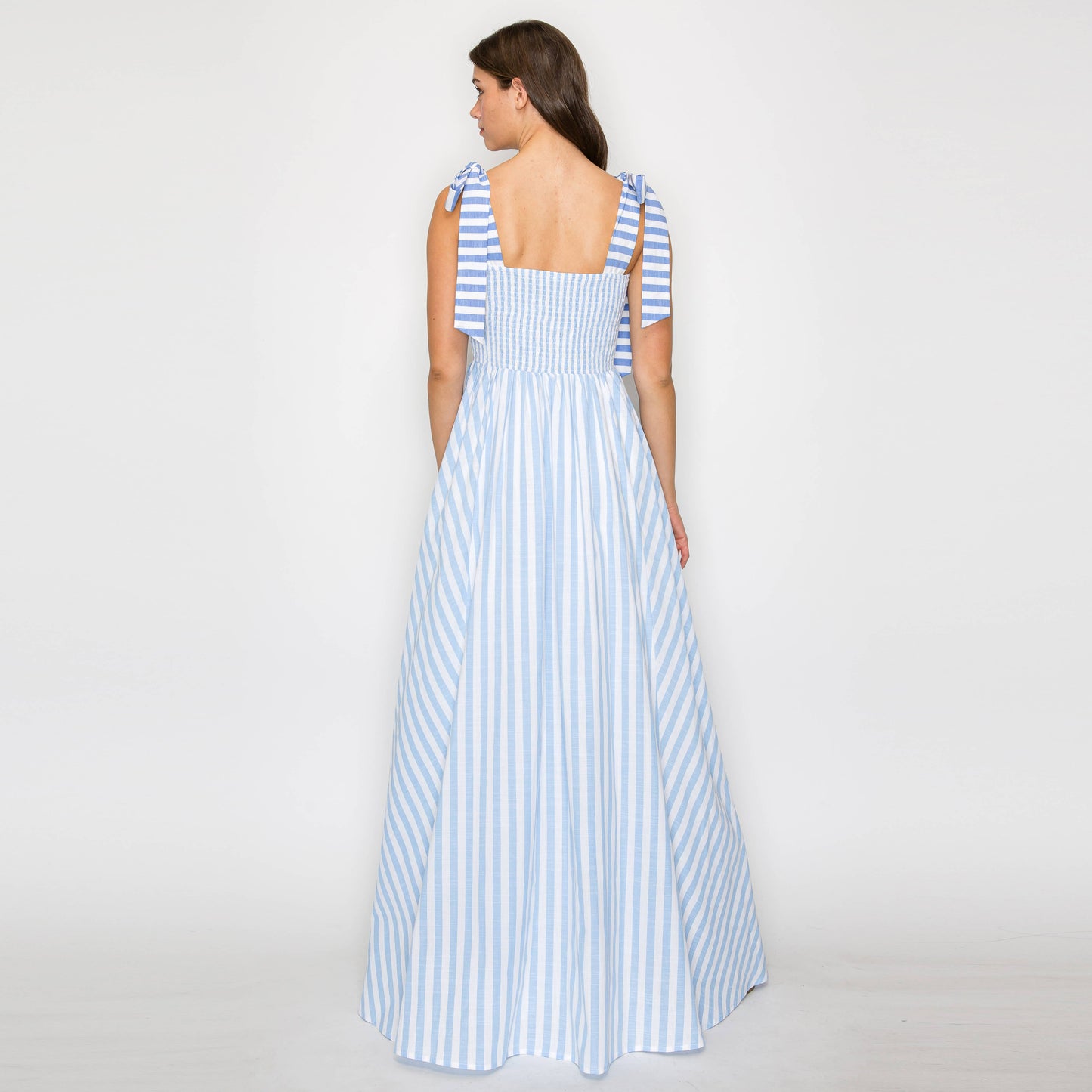 Dreamy Blue Stripe Maxi Dress with Shoulder Tie