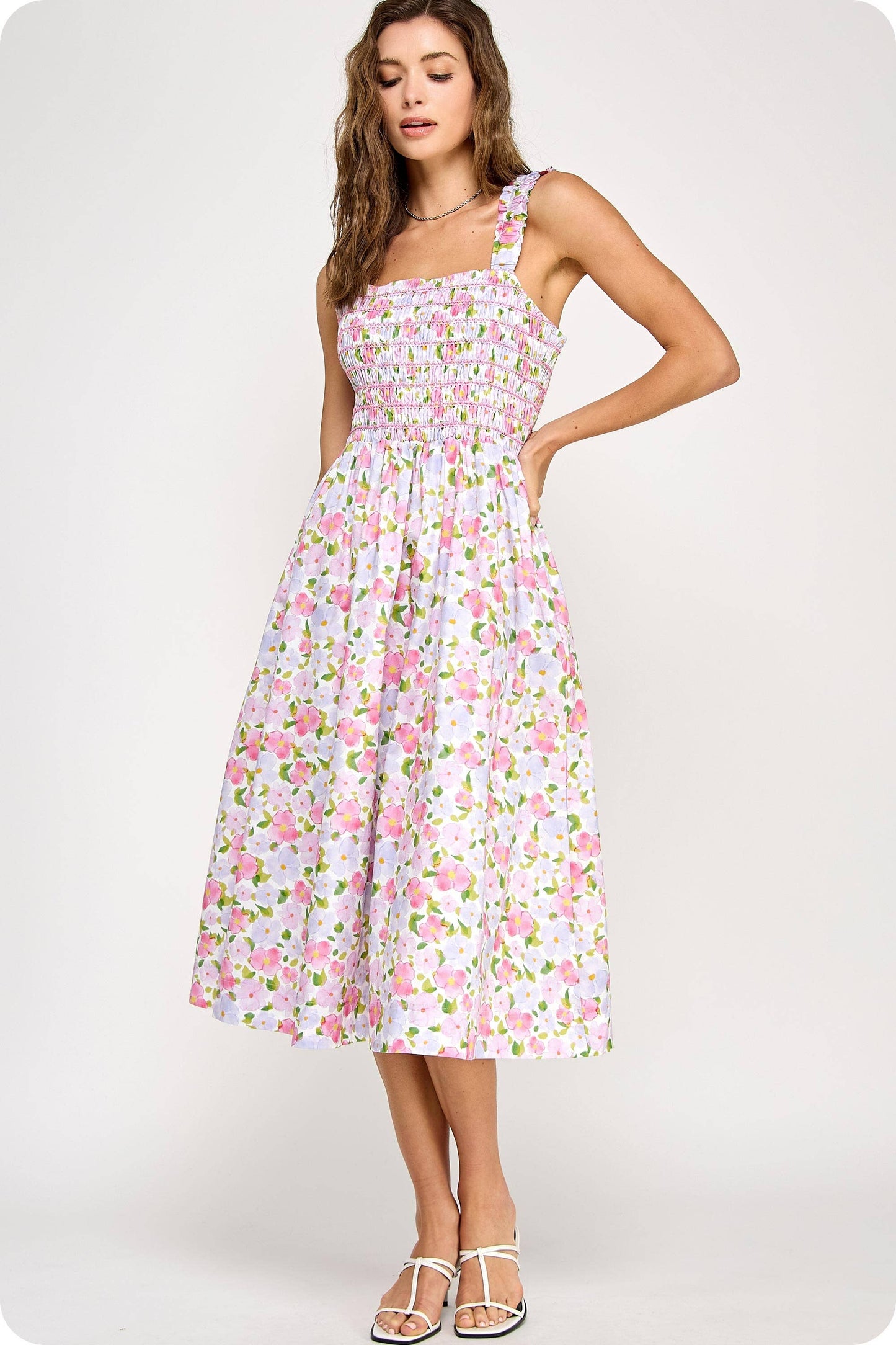 Floral Print Contrast Smocking Midi Dress: Pink Multi