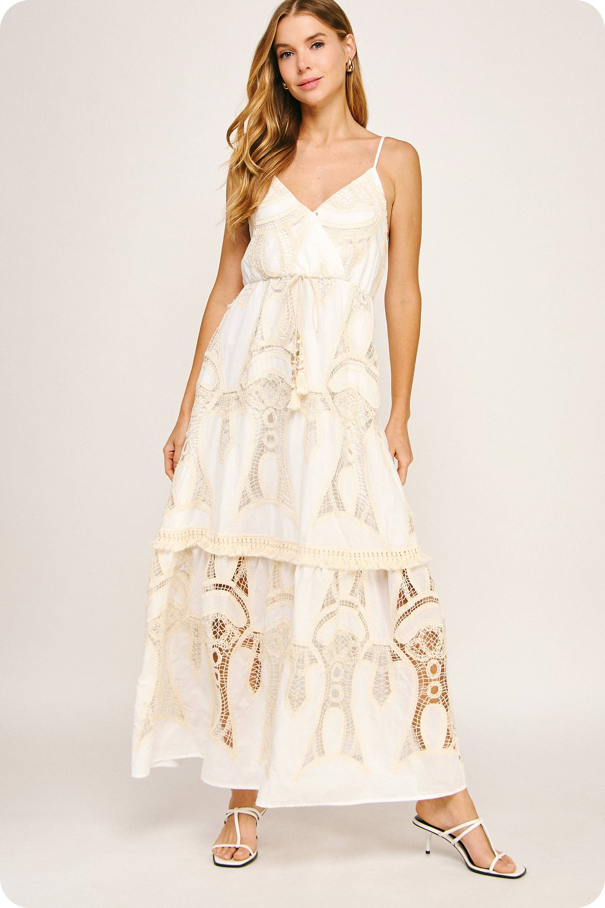 Crochet Lace Maxi Dress: White/beige Crochet Lace Maxi Dress: White/beige