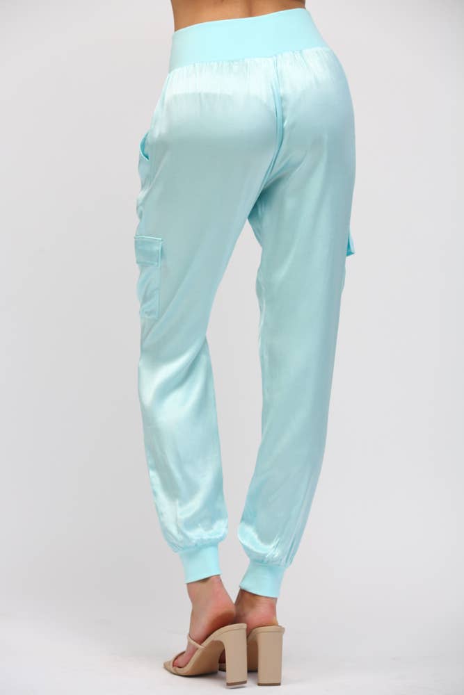 SATIN CARGO JOGGER PANTS, AQUA