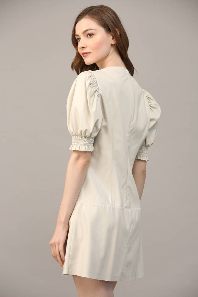SHORT PUFF SLEEVE FAUX LEATHER DRESS