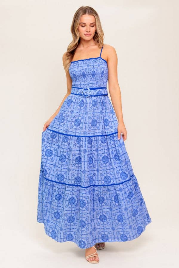 Print woven maxi dress with belt: Blue