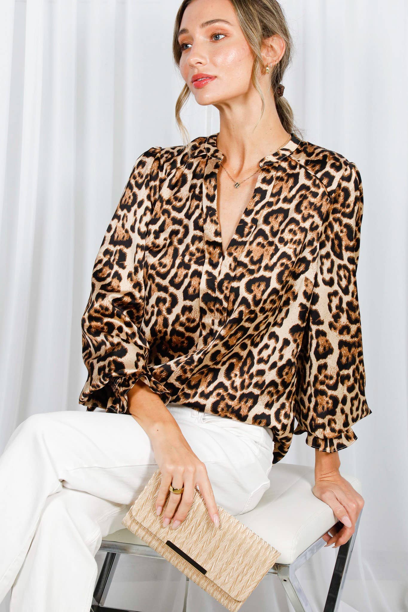 Henley Neckline Smocking Detail Leopard Print BlouseVT31377T: Brown / L