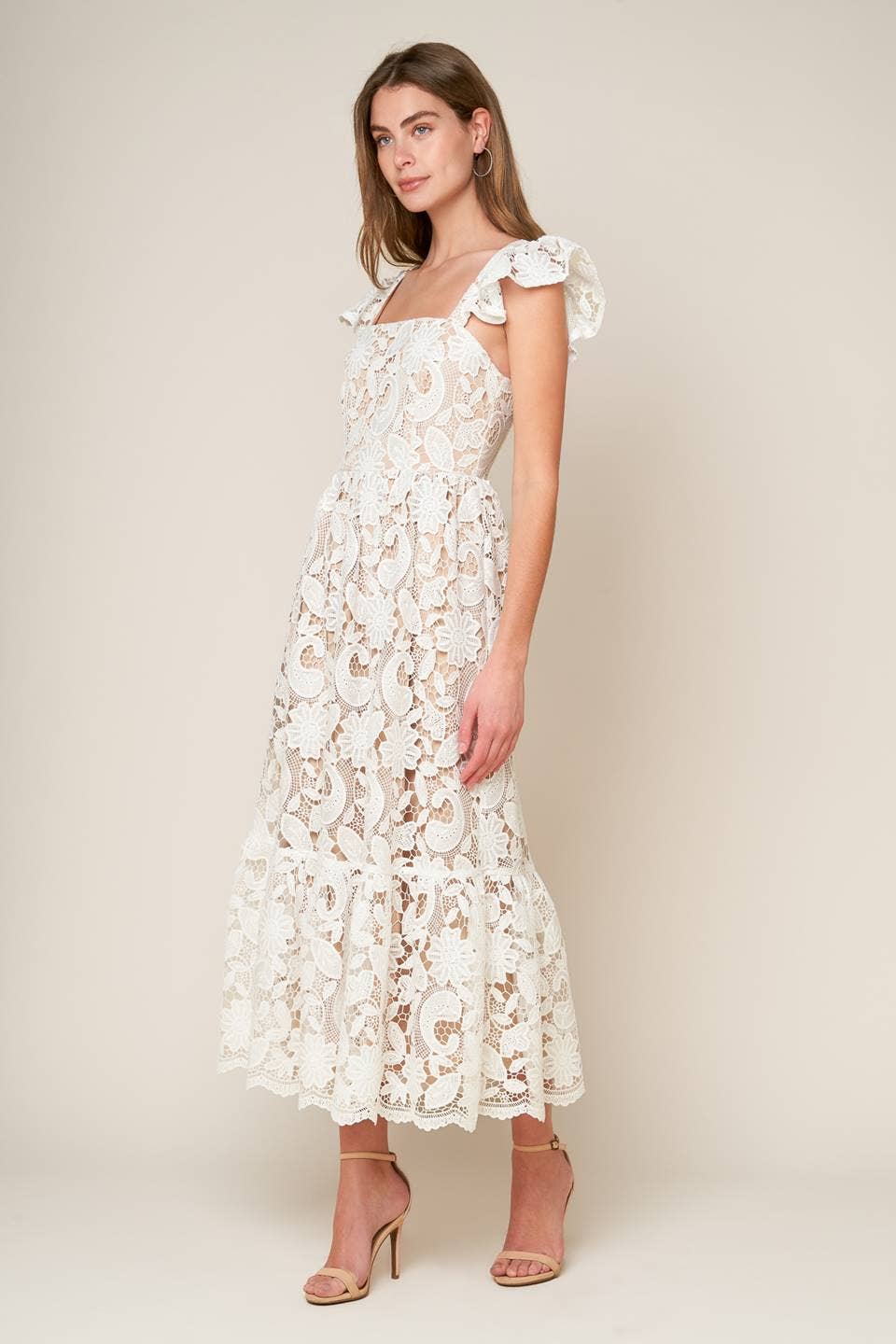 Solid Lace Midi Dress: White