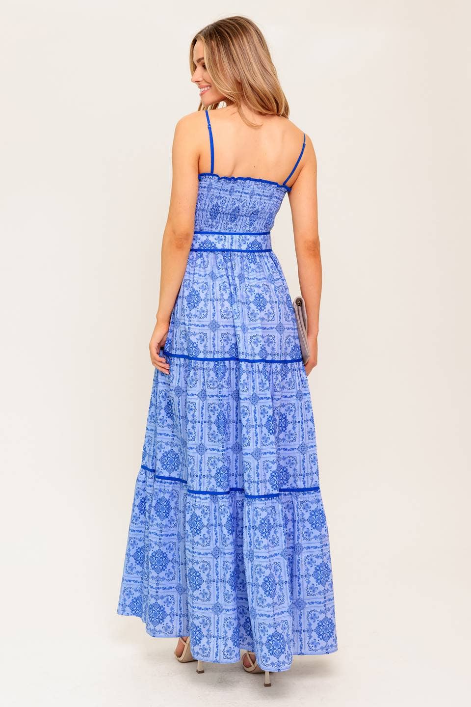 Print woven maxi dress with belt: Blue