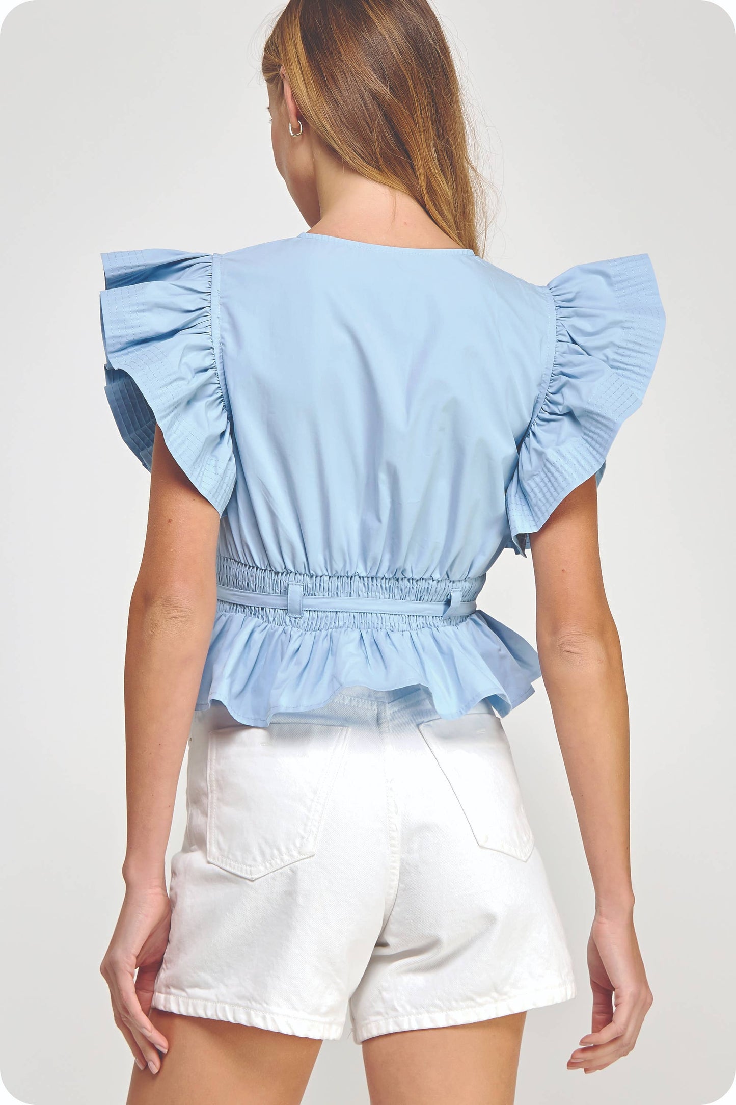 Flutter Sleeve Peplum Poplin Top: Chambray