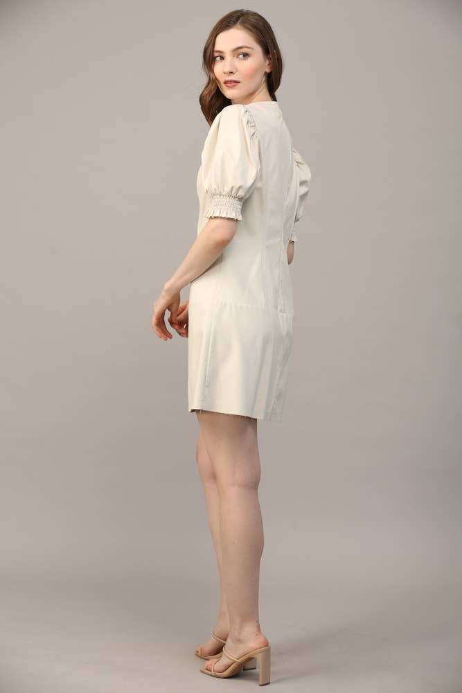 SHORT PUFF SLEEVE FAUX LEATHER DRESS