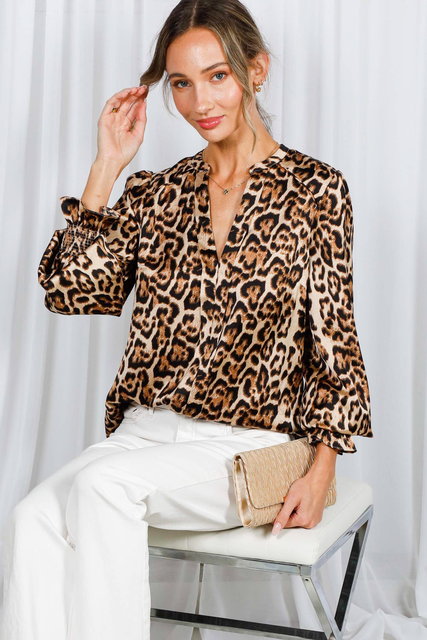 Henley Neckline Smocking Detail Leopard Print BlouseVT31377T: Brown / L