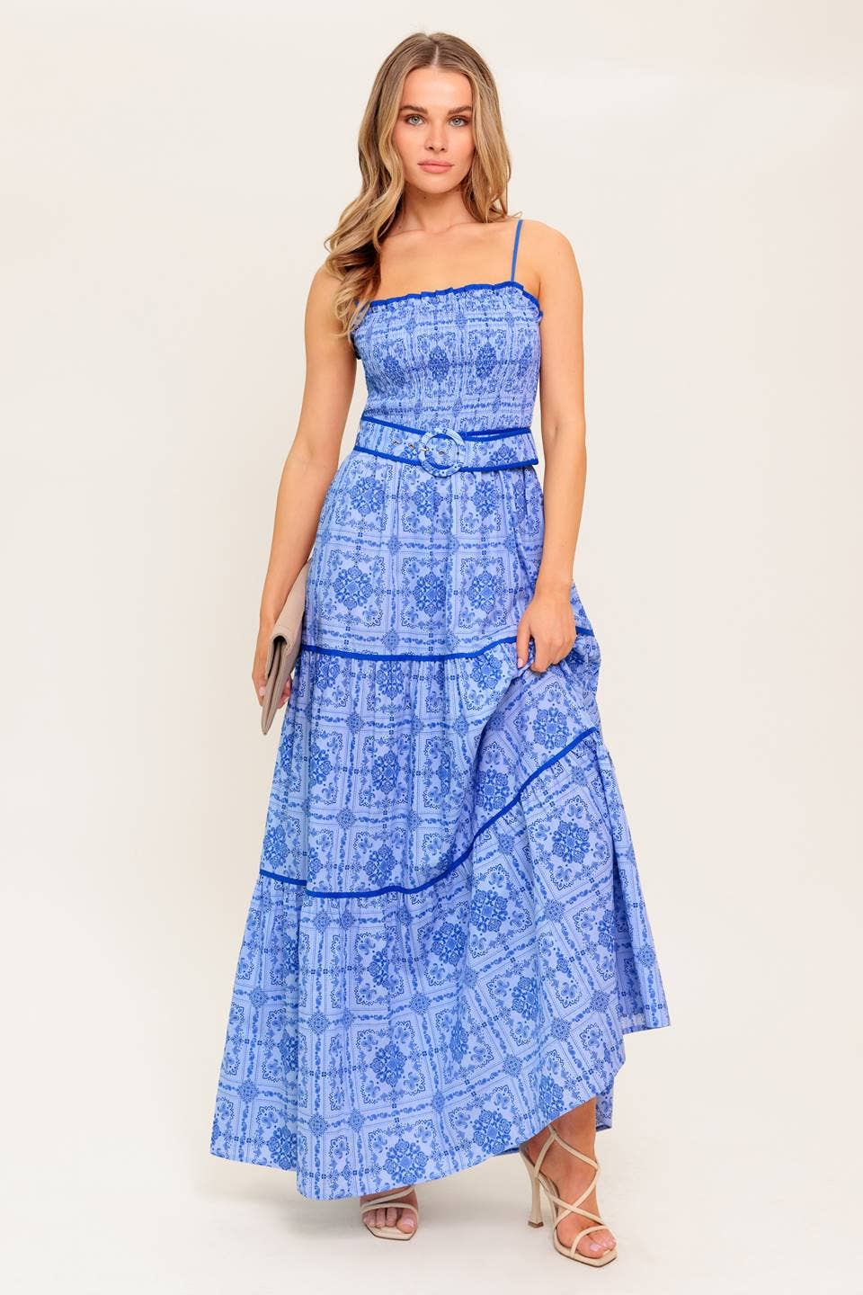 Print woven maxi dress with belt: Blue