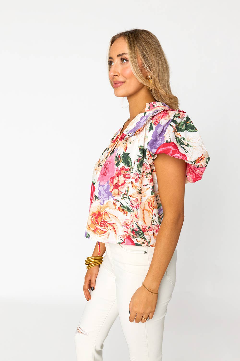 Leeland Floral Ruffle Sleeve Top: Pink