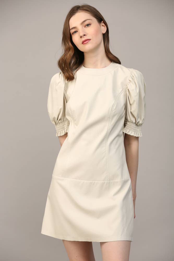 SHORT PUFF SLEEVE FAUX LEATHER DRESS