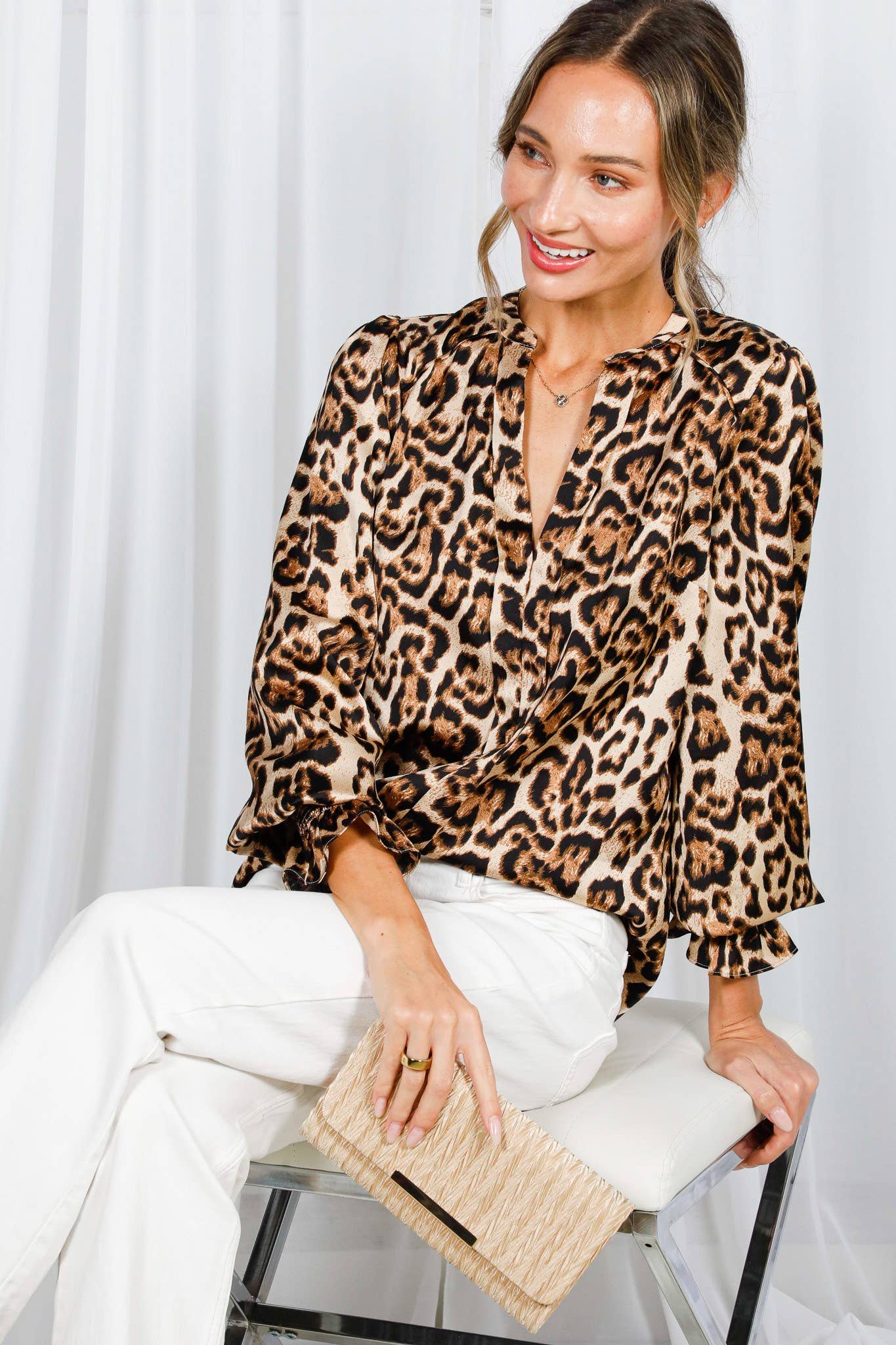 Henley Neckline Smocking Detail Leopard Print BlouseVT31377T: Brown / L