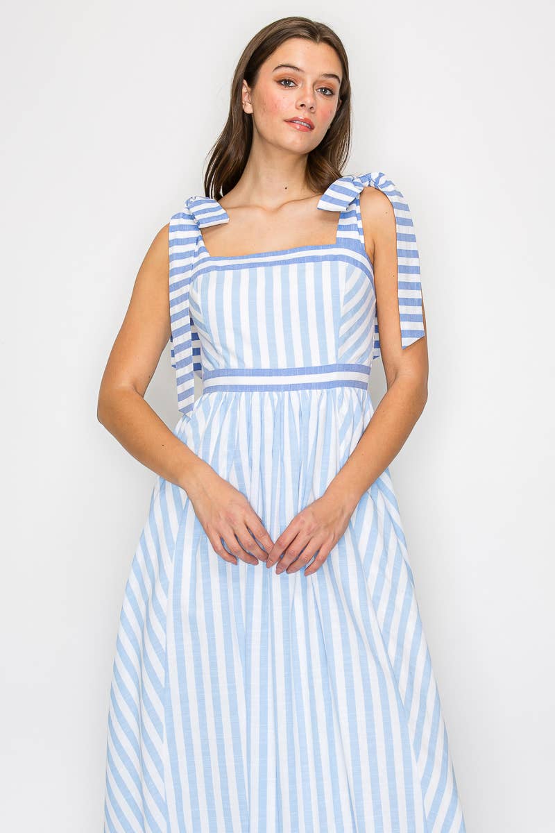 Dreamy Blue Stripe Maxi Dress with Shoulder Tie