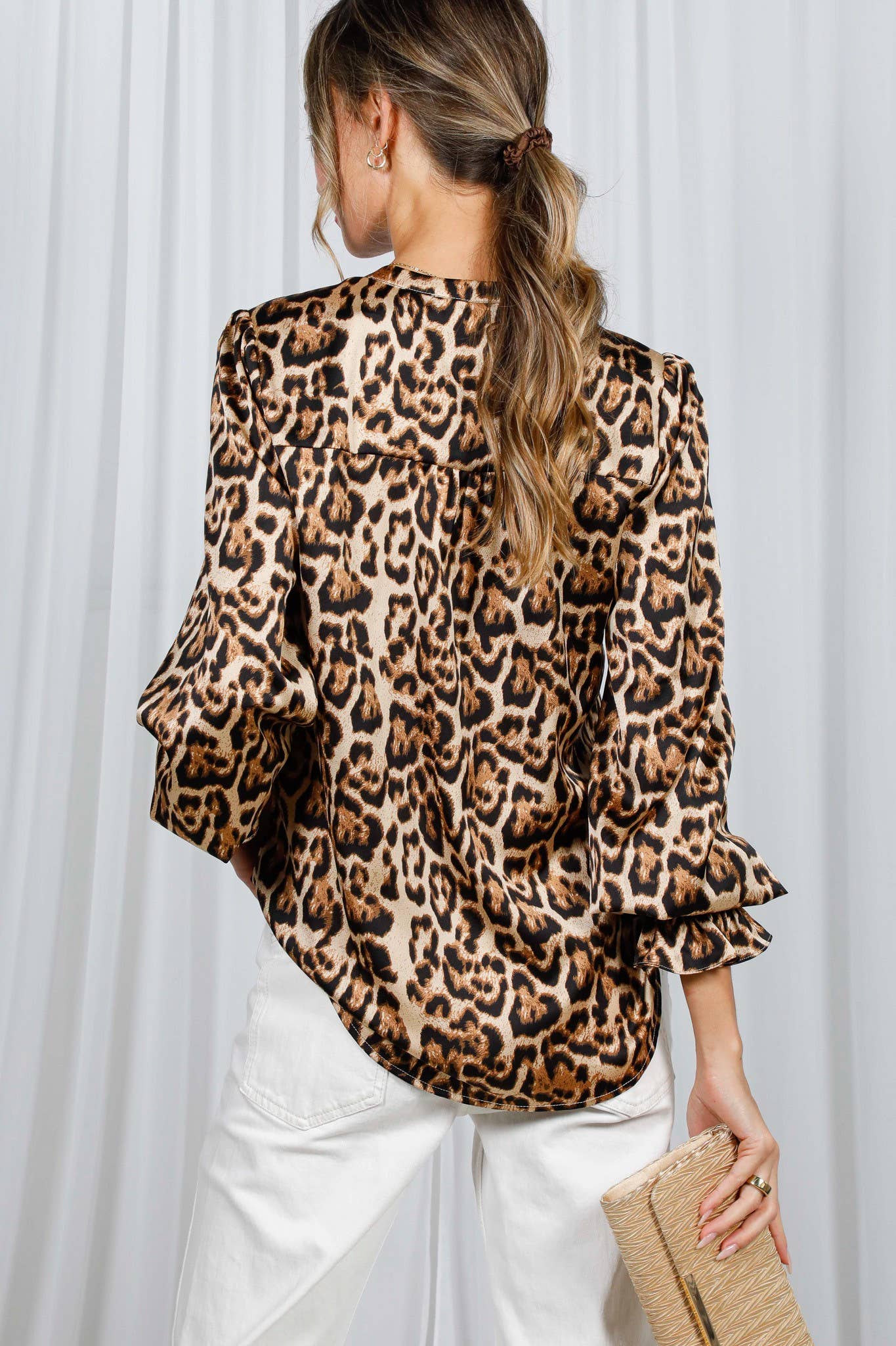 Henley Neckline Smocking Detail Leopard Print BlouseVT31377T: Brown / L