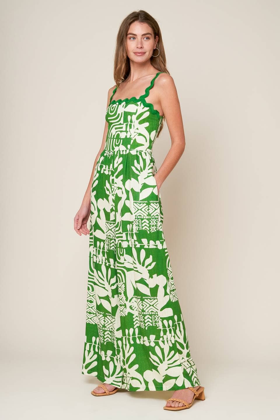 Print Woven Jumpsuit: Green & Ivory