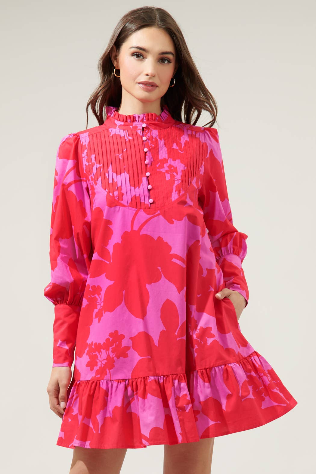 Briff Floral Beacher Pintuck Shift Dress: PINK-RED-MUL / XS