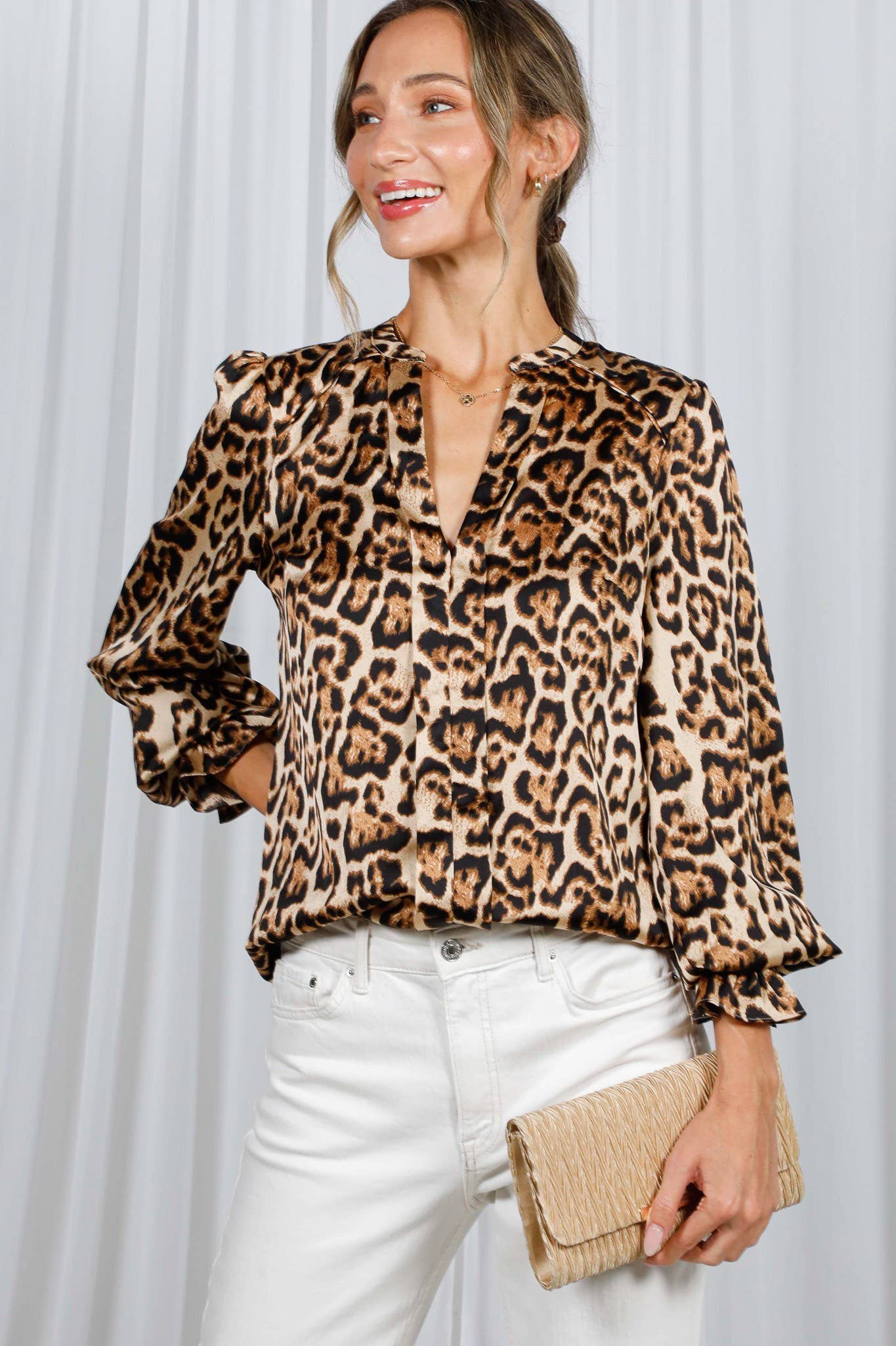 Henley Neckline Smocking Detail Leopard Print BlouseVT31377T: Brown / L