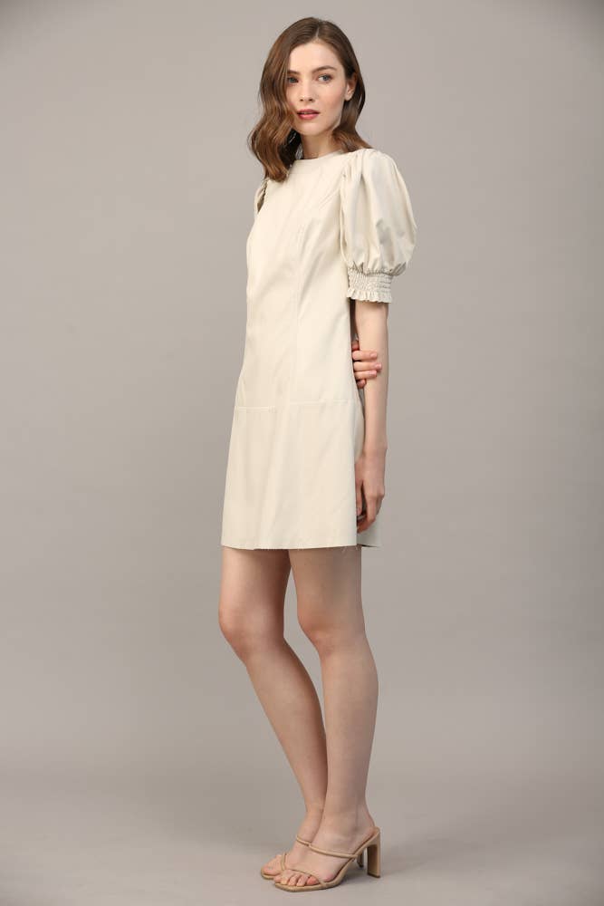 SHORT PUFF SLEEVE FAUX LEATHER DRESS