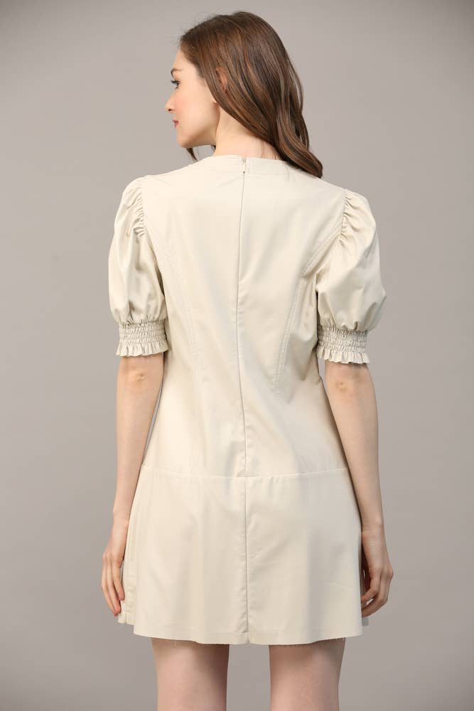 SHORT PUFF SLEEVE FAUX LEATHER DRESS
