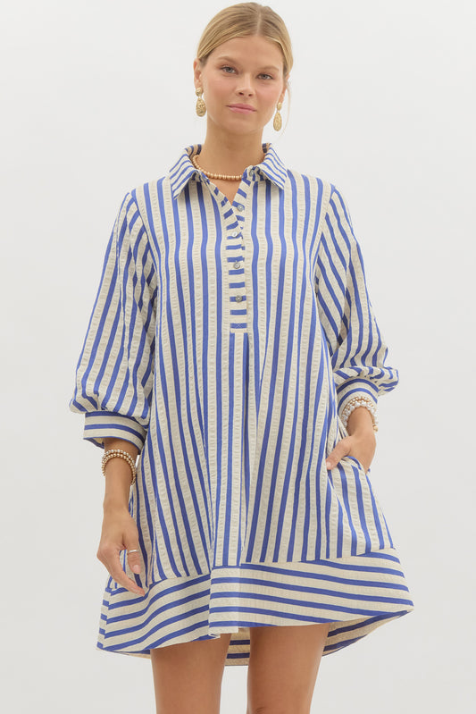 Stripe Button Up Dress: Blue & White