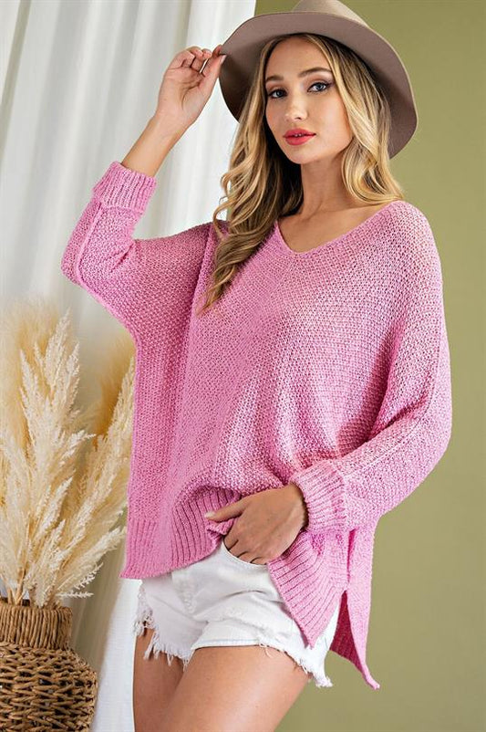 Crew Neck Knit Sweater: Pink