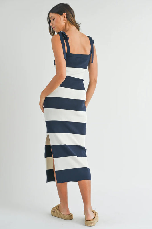 Syrah Bow Stripe Maxi Dress: Navy/White