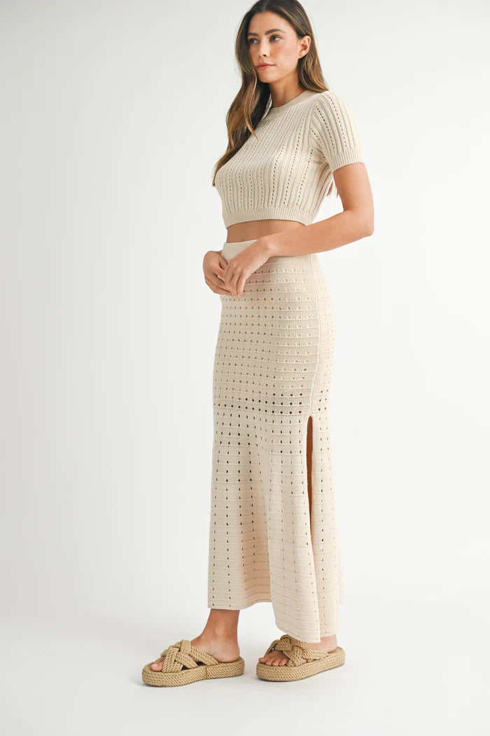 Pointelle Sweater and Skirt SET: Taupe