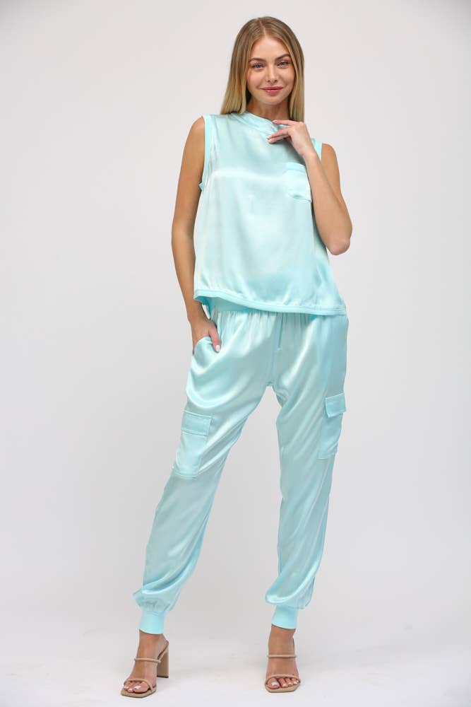SATIN CARGO JOGGER PANTS, AQUA