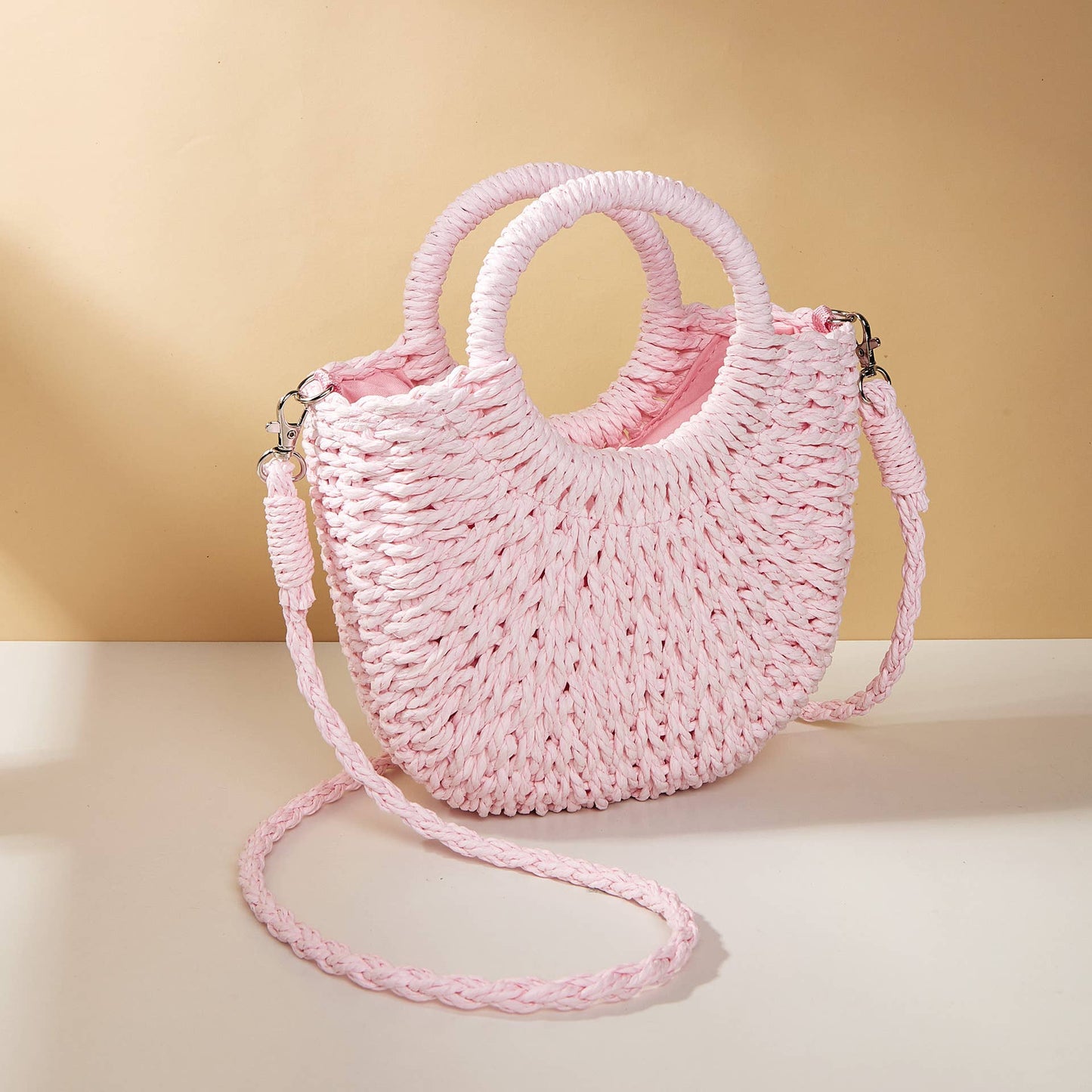 Half-moon shape handbag straw woven beach summer handbag: Camel