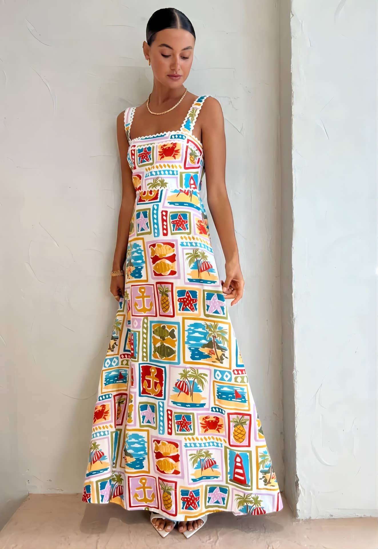 Suspender maxi dress graffiti print swing dress beach dress