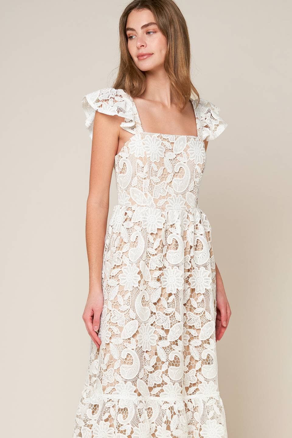 Solid Lace Midi Dress: White